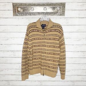Daniel Cremieux Fair Isle Lambs Wool Full Zip Tan Grandpa Cardigan Medium